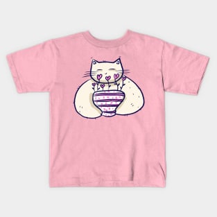 Tired cat with love plant flower pot Kids T-Shirt